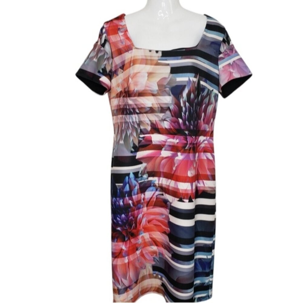 Joseph Ribkoff Striped Floral Short Sleeve Dress Size 14 Multicolor Party